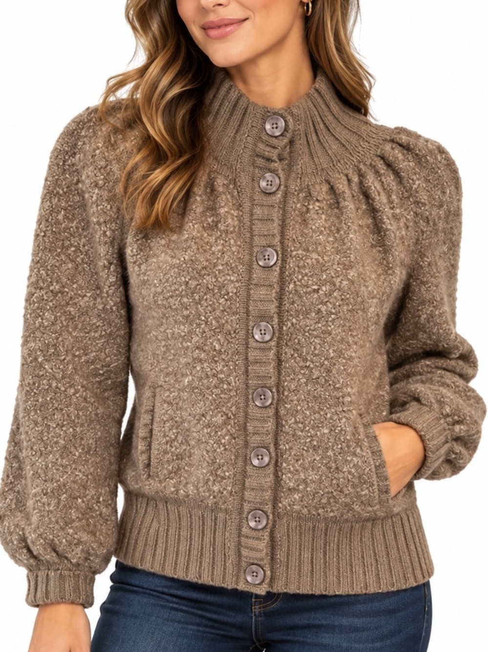 Wool Blend Moda International Vintage Y2K Chunky Cardigan Sweater Brown Medium